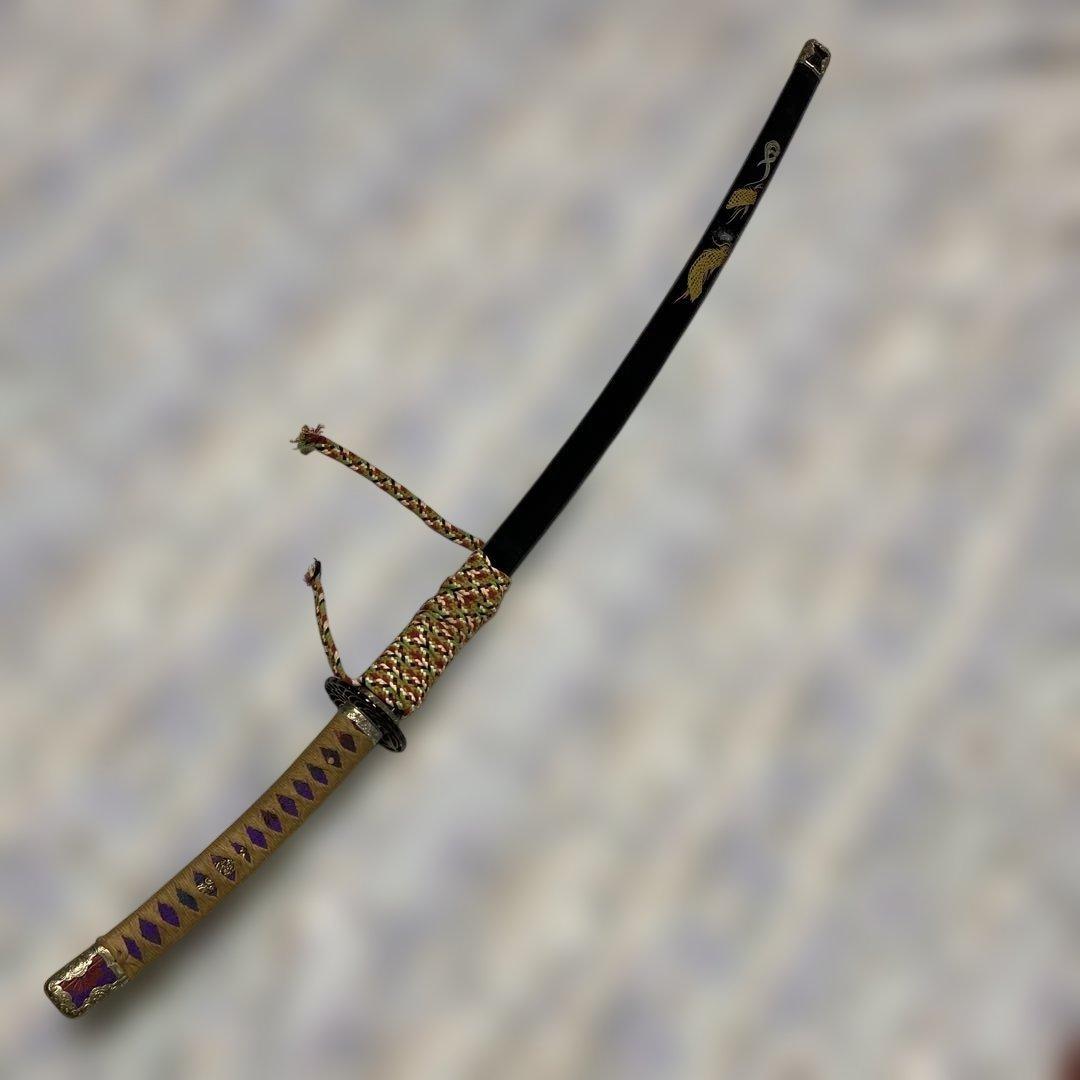 模造刀 太刀 金茶柄 鶴羽透し丸鍔 太刀造り龍図黒呂鞘