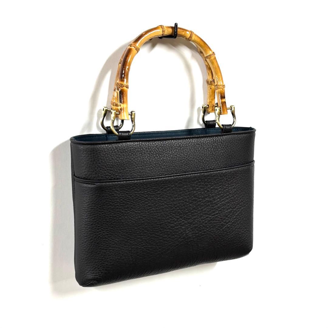 牛革シュリンクバンブー手提げ 外ポケ付 横型 小 黒 ◆ 神輿祭り竹手バッグ