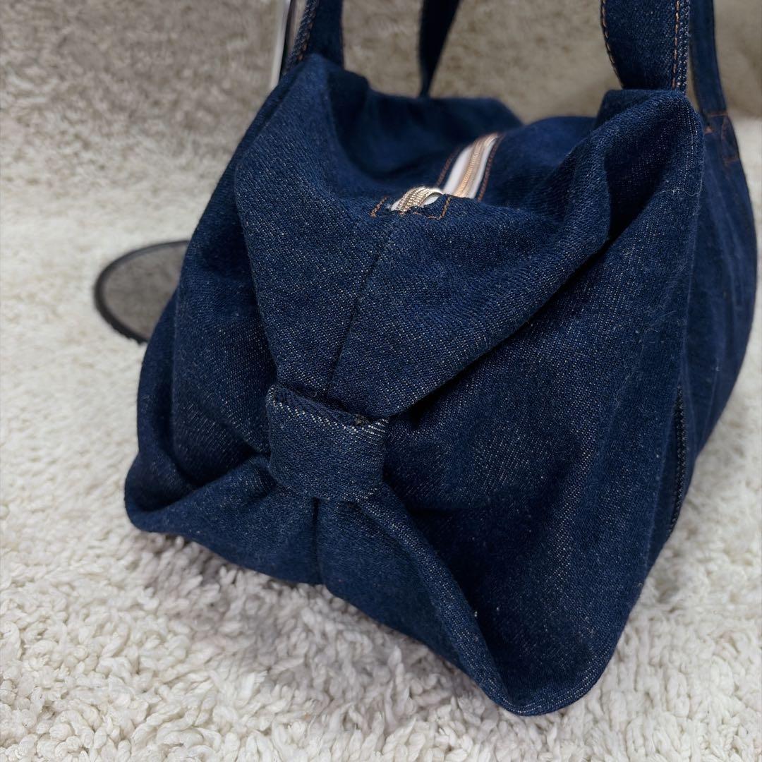 【美品】レペット サイドリボン ドラムバッグ (中) デニム ボストンバッグ M