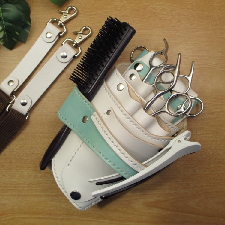 ホワイト＆空色　６丁差し　本革シザーケース　SCA-151/CWA