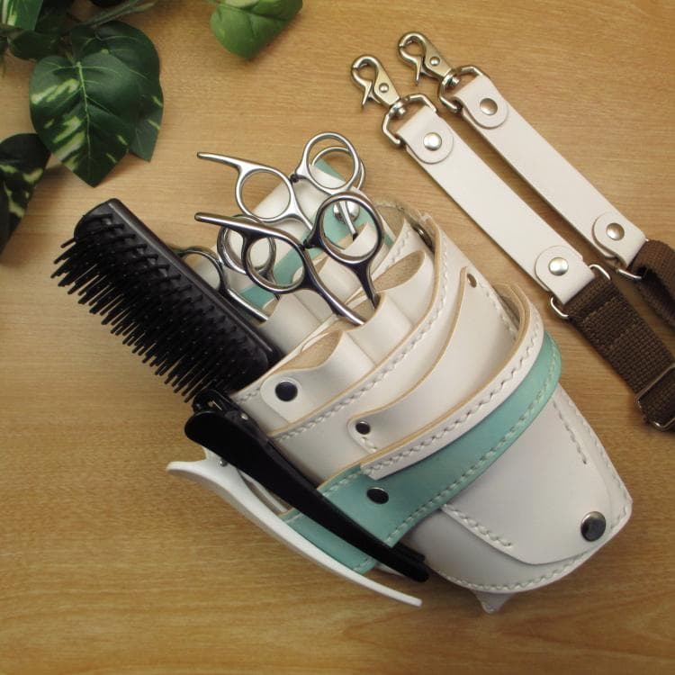 ホワイト＆空色　６丁差し　本革シザーケース　SCA-151/CWA