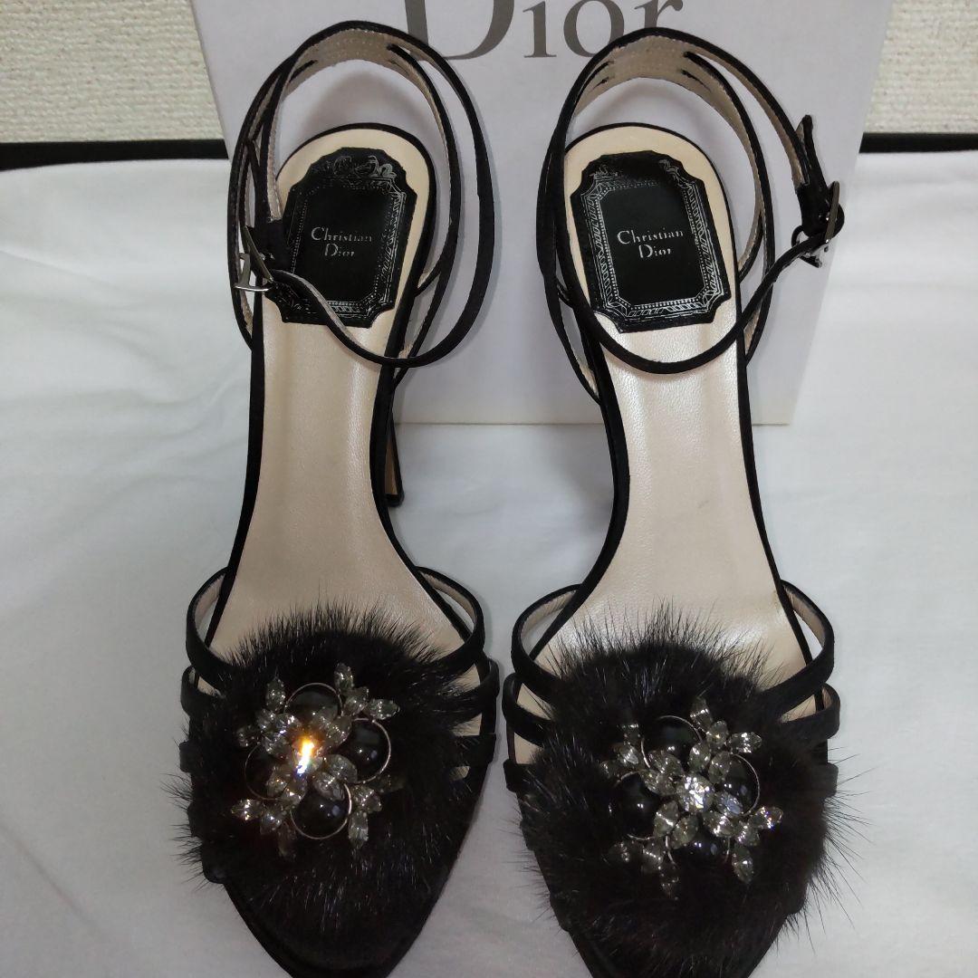 Christian Dior ハイヒール 黒 サテン ミンクファー飾り 35