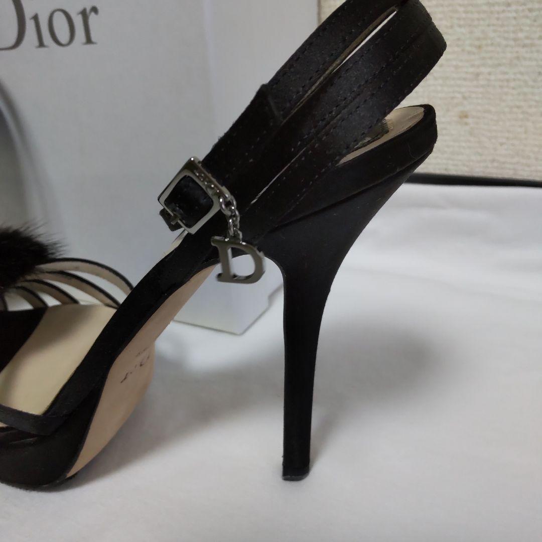 Christian Dior ハイヒール 黒 サテン ミンクファー飾り 35
