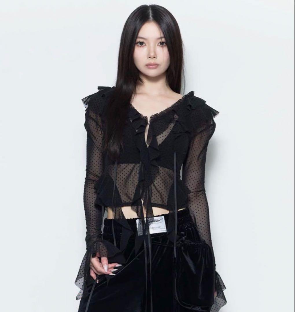 トップス THEREDTHREAD S dot flow frill tops black