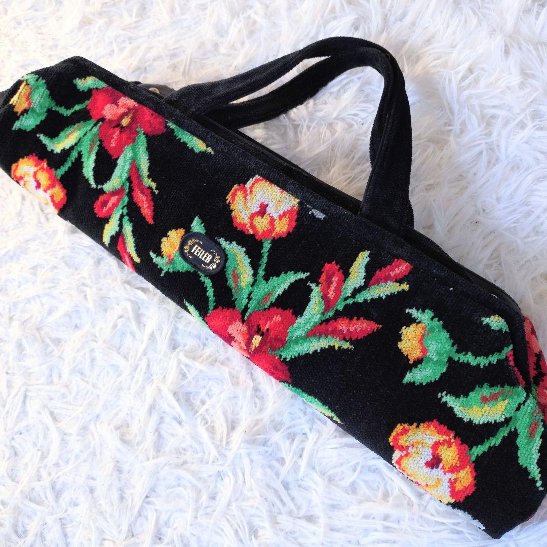 【希少】FEILER　大型　ボストンバッグ　大容量　ブラック　花柄