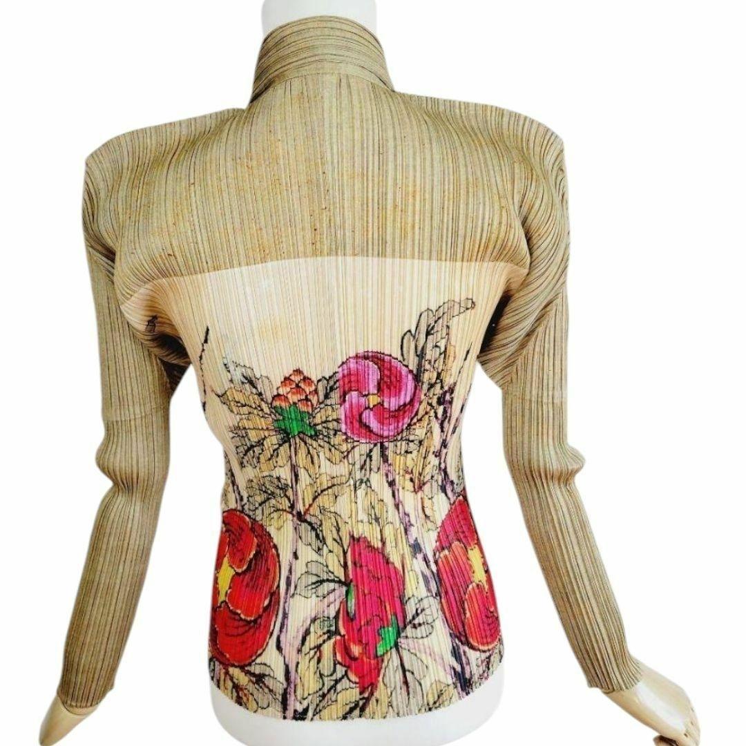 希少　名作　1998 プリーツプリーズ　日本画　花柄 牡丹 長袖シャツ