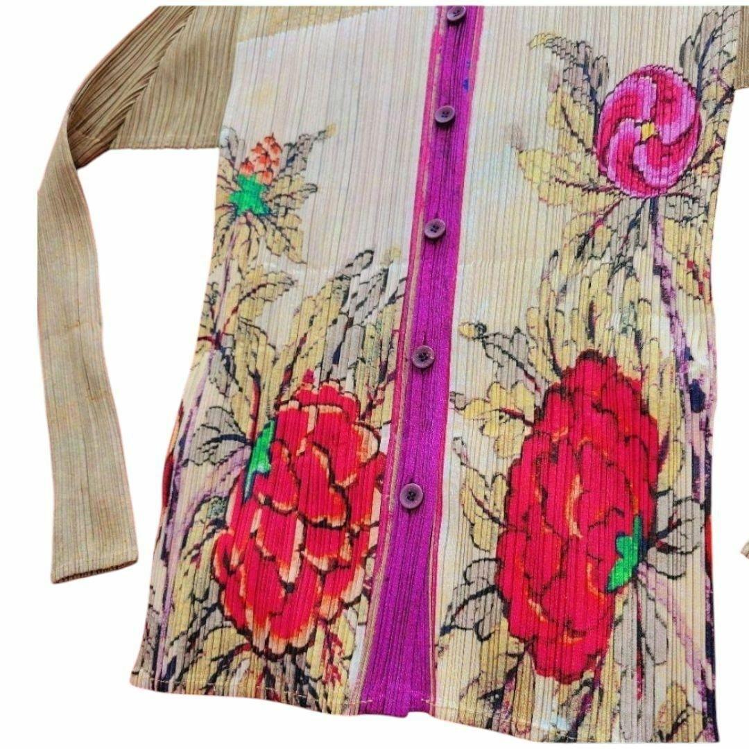 希少　名作　1998 プリーツプリーズ　日本画　花柄 牡丹 長袖シャツ