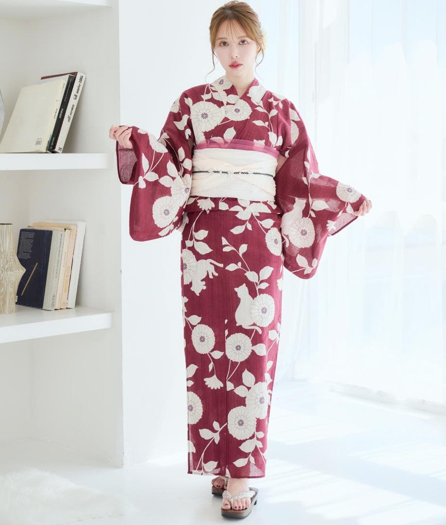 新品 浴衣のみ　帯無しえんじ 白 Y5-7