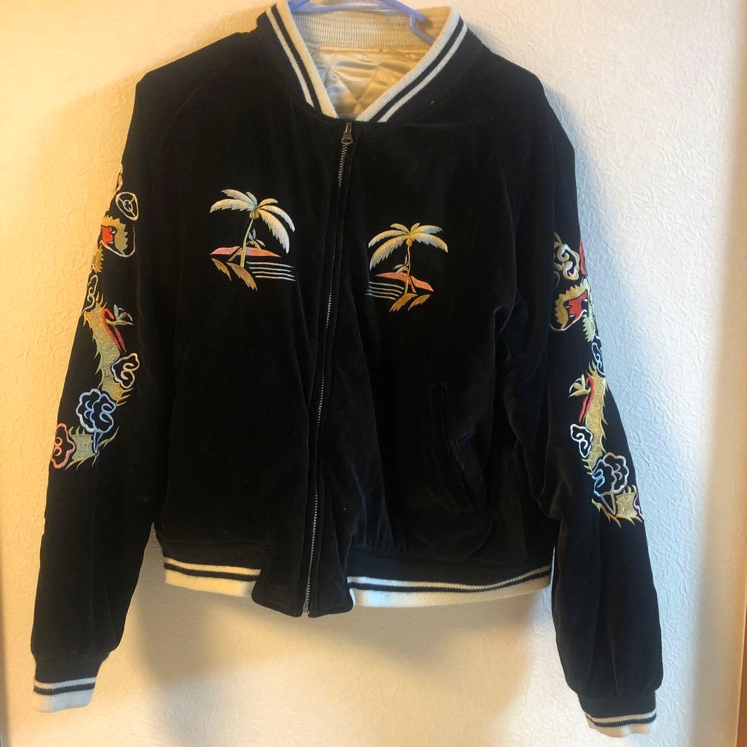 黒 ベルベット パームツリー刺繍 スカジャン