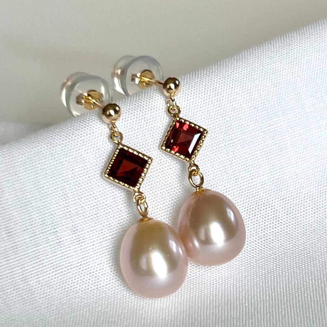 新品　K18 天然ガーネット　淡水パール ハンドメイドピアス