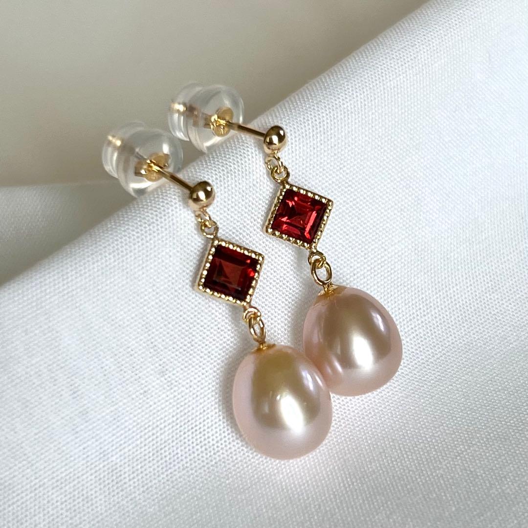 新品　K18 天然ガーネット　淡水パール ハンドメイドピアス