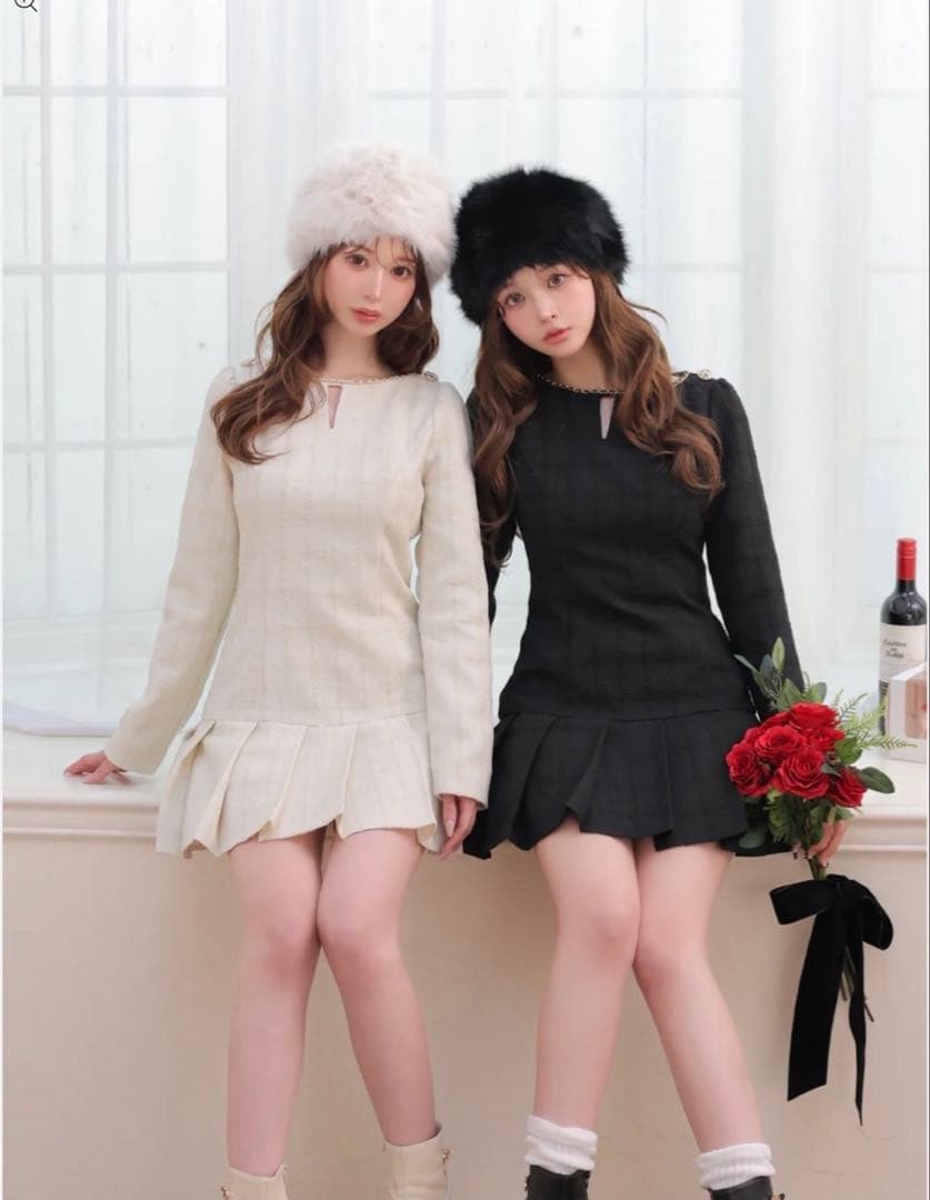 【mmeeme】ツイードチェックプリーツワンピース