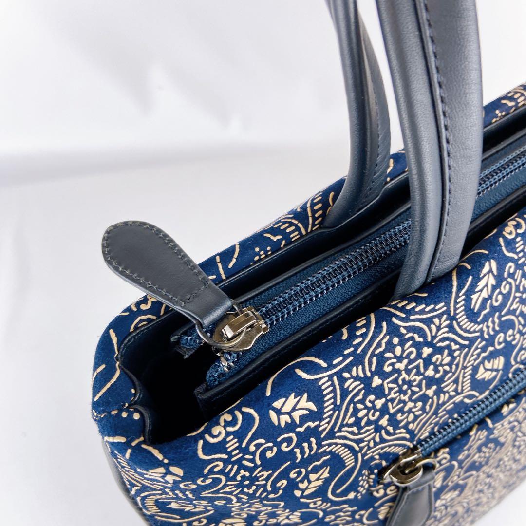 極美品 印傳屋 A4可 ハンドバッグ ネイビー ぶどう唐草 レザー 本革