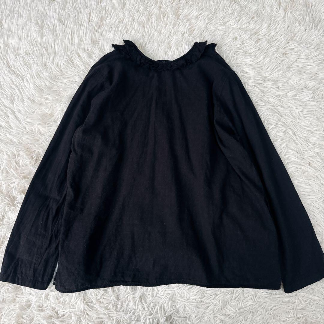 45R コットン100% フリルブラウス ブラック やわらか素材 ナチュラル風合