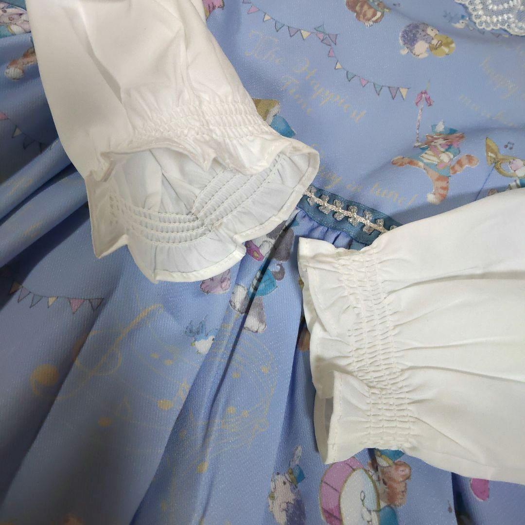 メゾピアノ120サイズ　鼓笛隊柄ドッキングワンピース　サックスブルー　長袖