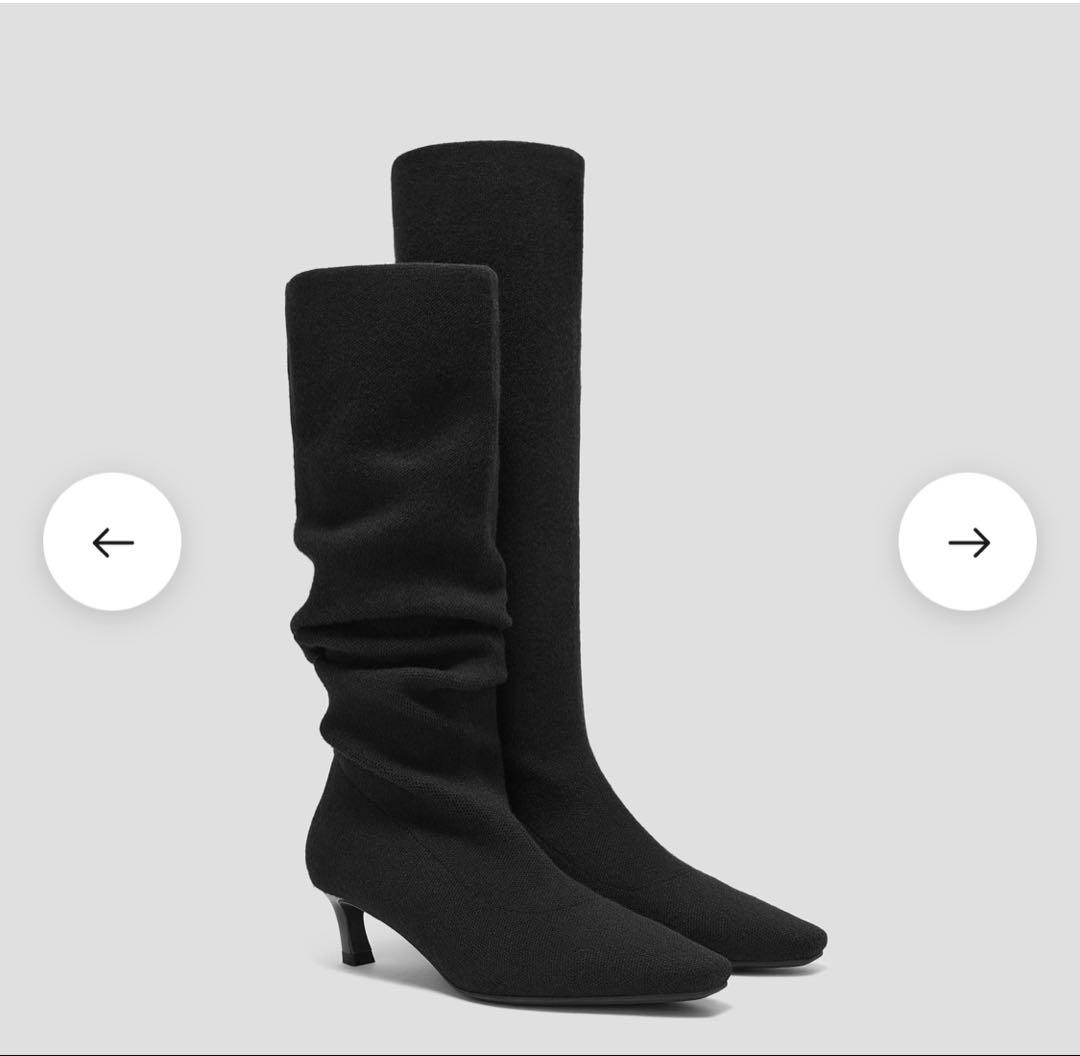 [vivian] スクエアトゥ スロウィー ニーハイ キトゥンヒール ブーツ