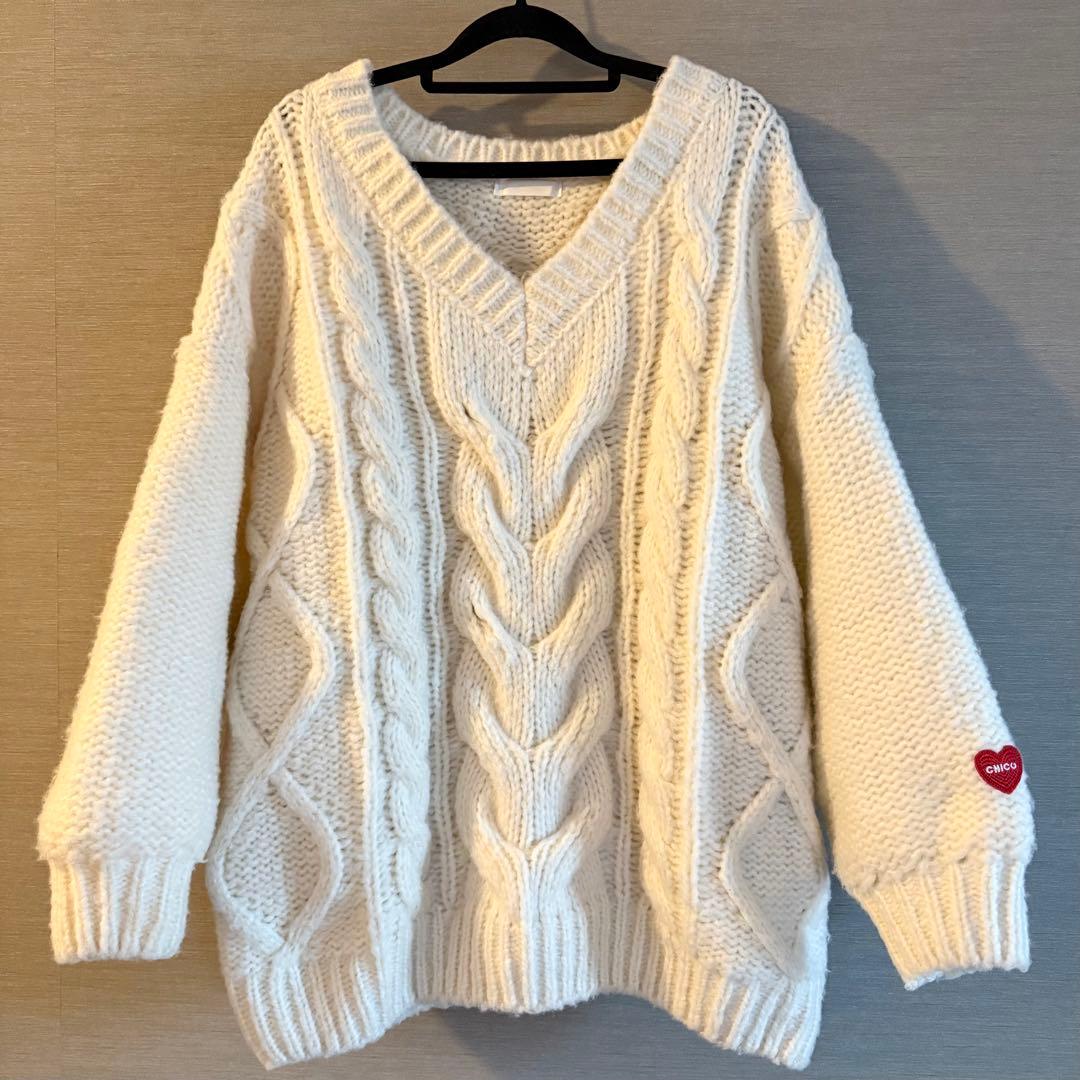 Chico ケーブルVルーズニットワンピース アイボリー