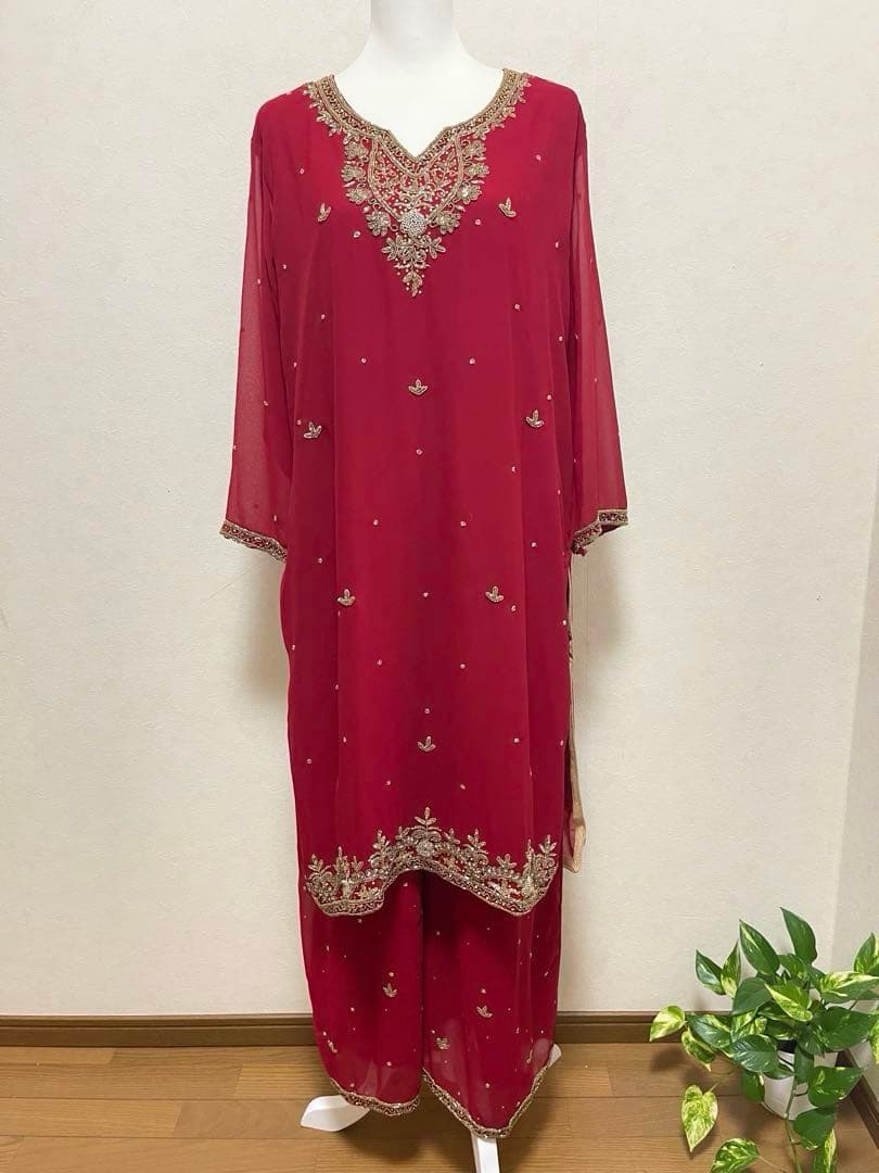 インド民族衣装高級レッド刺繍クルタセット／豪華インドパーティードレス【OT14】