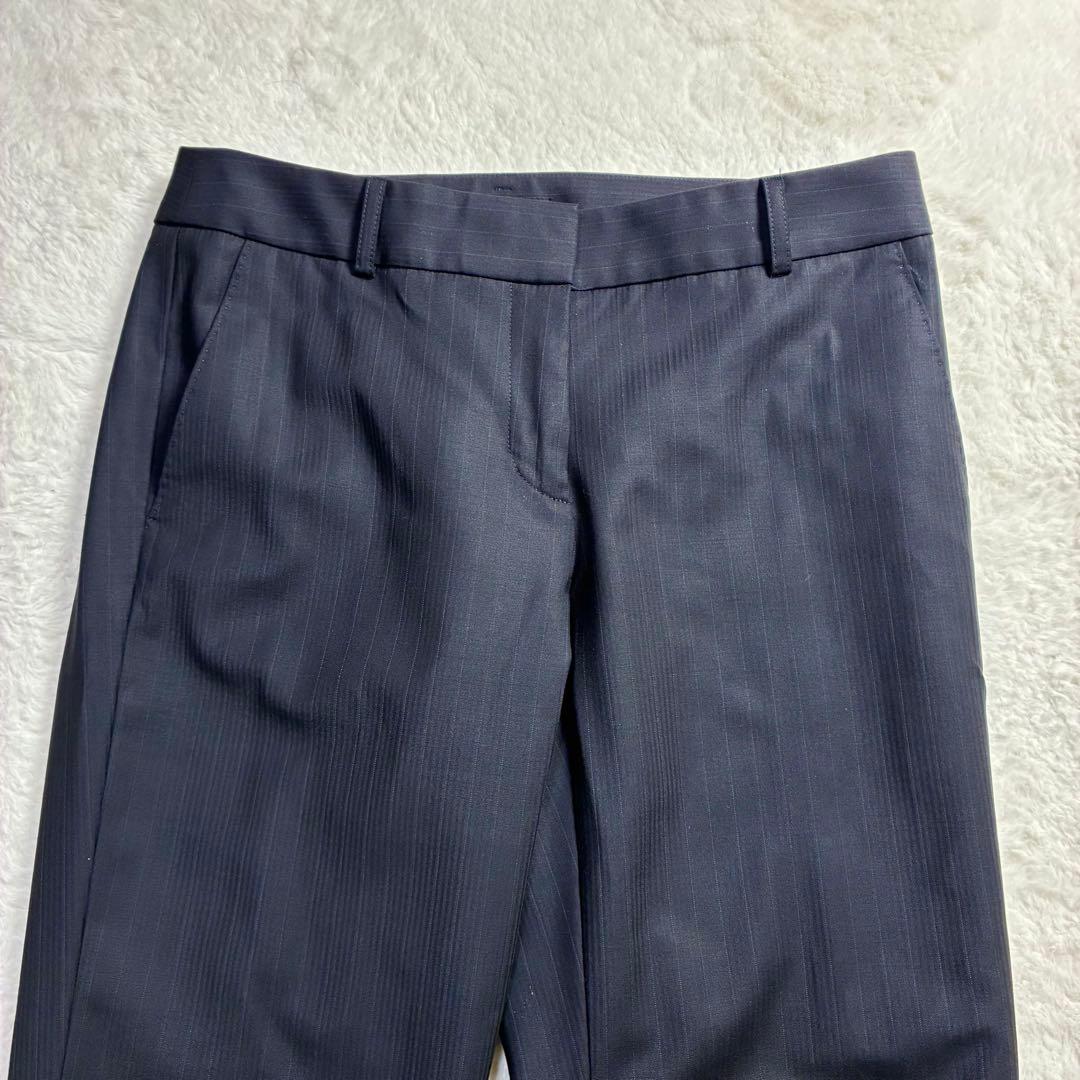 極美品 アイシービー パンツスーツ ストライプ 濃紺 ウール混 春物