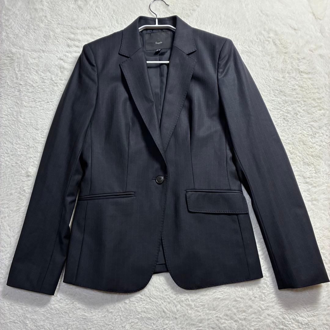 極美品 アイシービー パンツスーツ ストライプ 濃紺 ウール混 春物