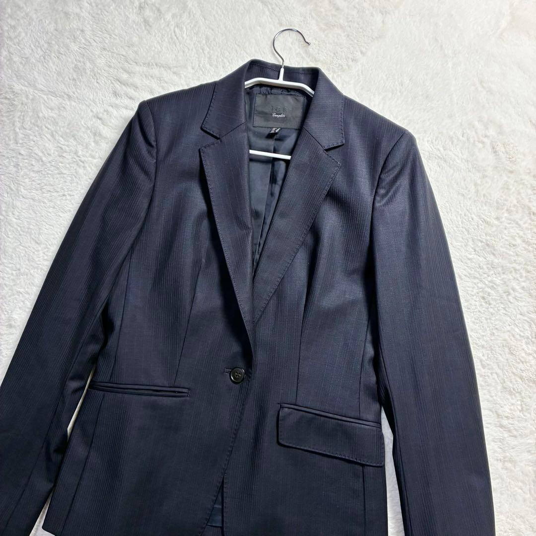 極美品 アイシービー パンツスーツ ストライプ 濃紺 ウール混 春物