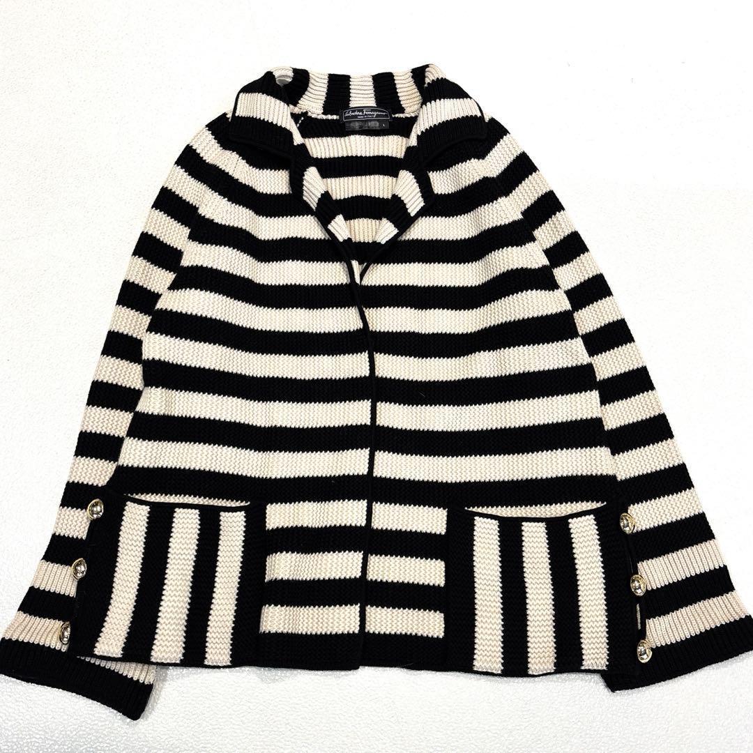 【美品/L】フェラガモ　ボーダー　ニットジャケット　ロングカーディガン　イタリア