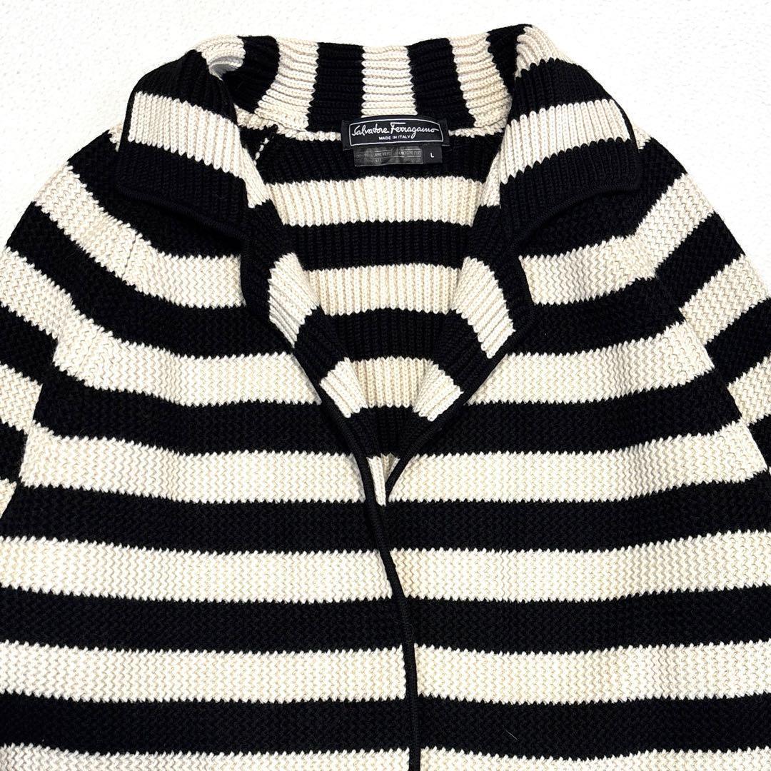 【美品/L】フェラガモ　ボーダー　ニットジャケット　ロングカーディガン　イタリア