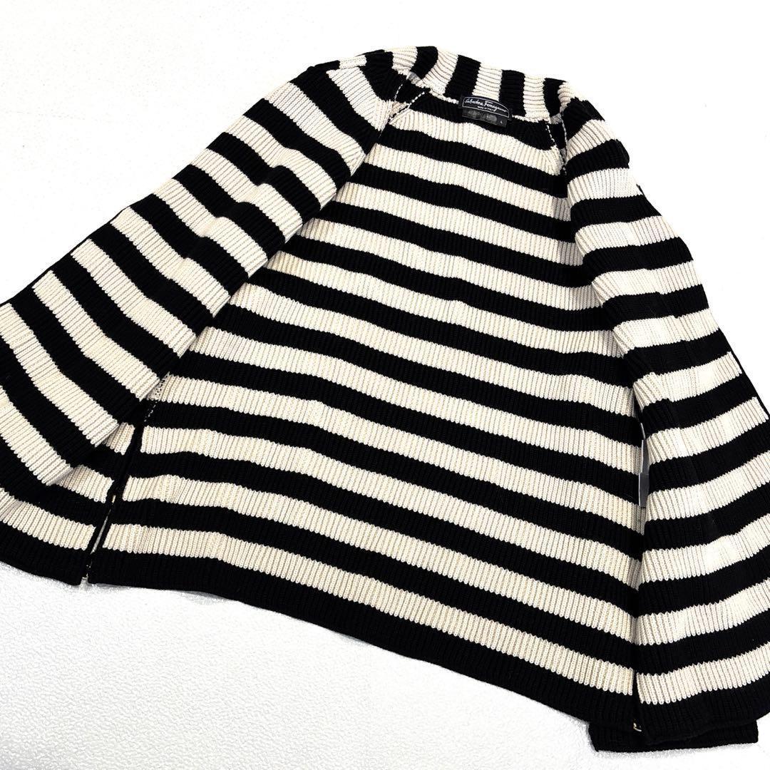 【美品/L】フェラガモ　ボーダー　ニットジャケット　ロングカーディガン　イタリア