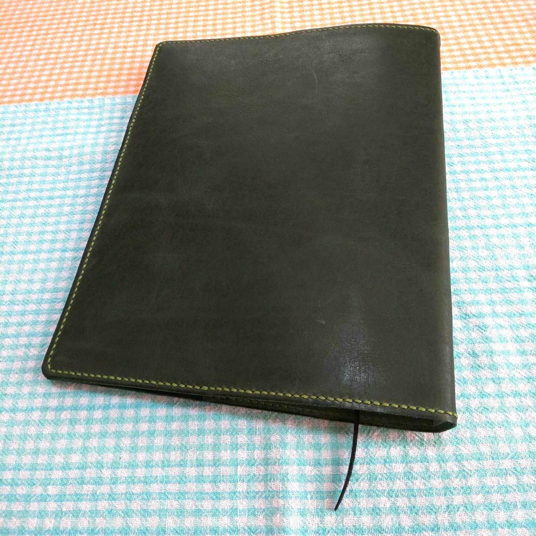オイルワックスヌメ革 ダークグリン レザーカバー、B5 26穴バインダー付