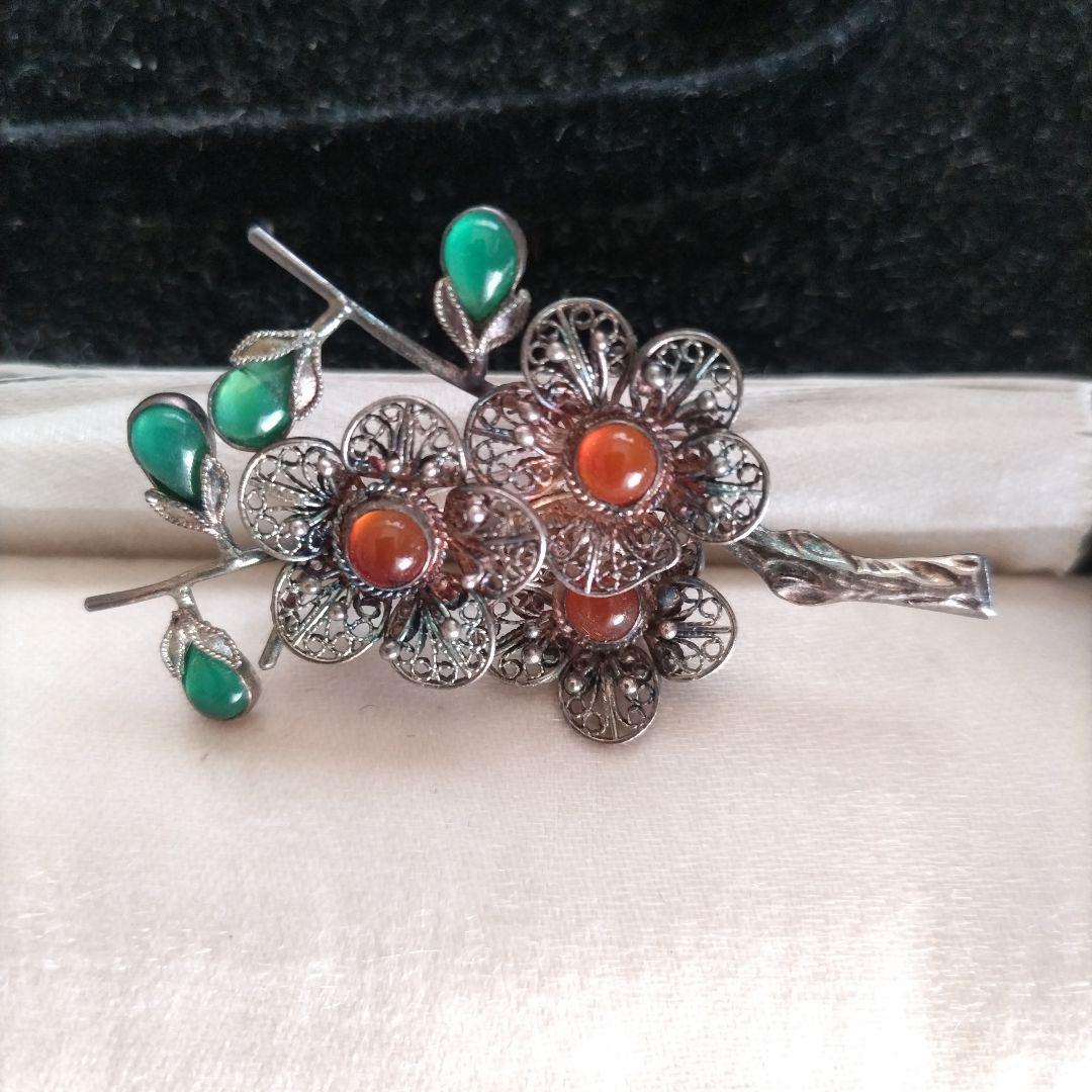 梅 銀線細工 ブローチ SILVER ヴィンテージ フィリグリー 中国古玩 簪