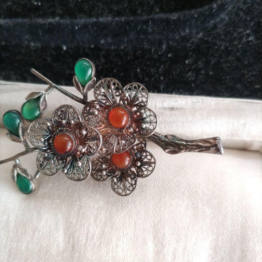 梅 銀線細工 ブローチ SILVER ヴィンテージ フィリグリー 中国古玩 簪