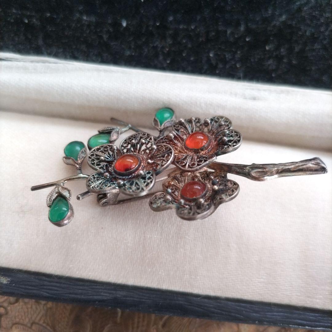 梅 銀線細工 ブローチ SILVER ヴィンテージ フィリグリー 中国古玩 簪