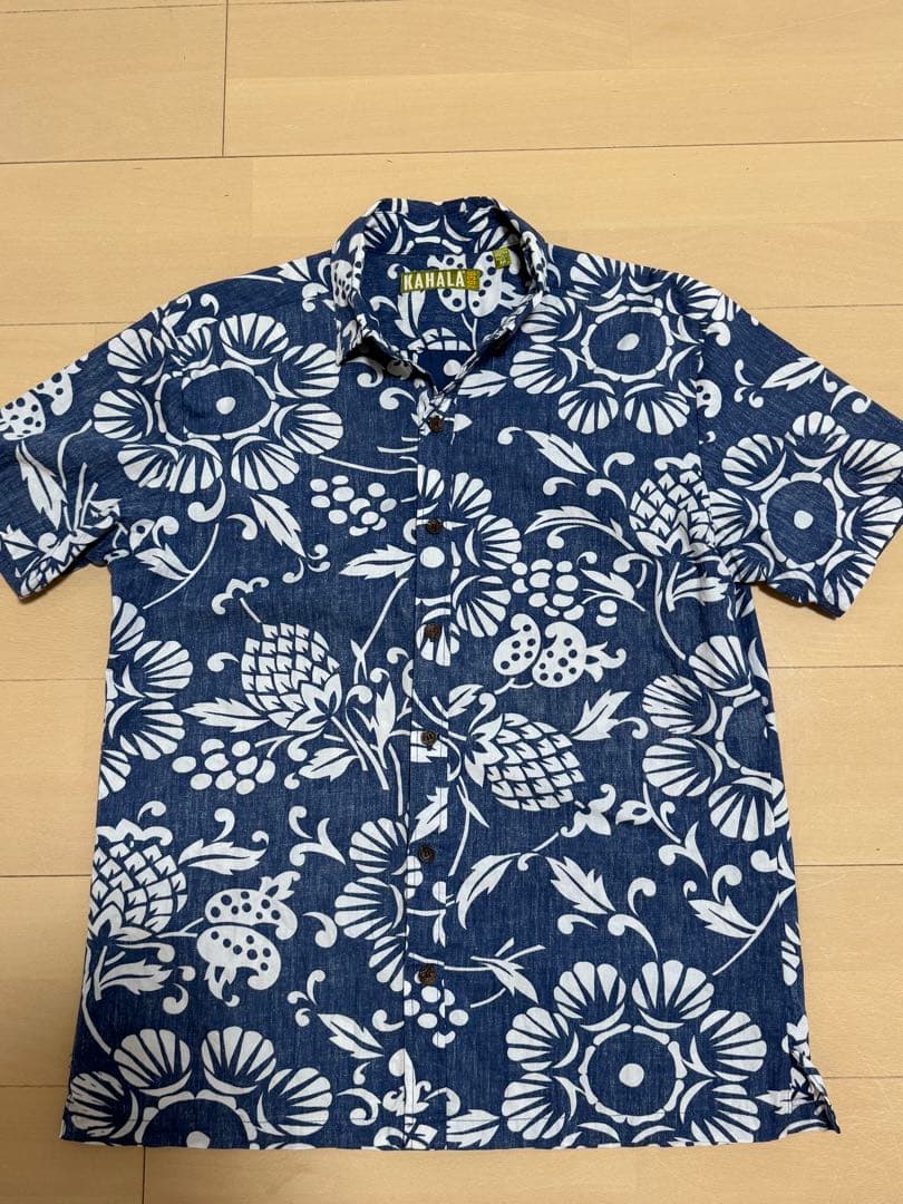 KAHALA アロハシャツ 半袖 花柄 青×白 ハワイ製