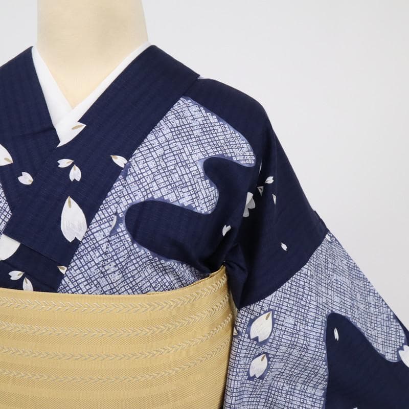 【浴衣】長尺 鹿の子に花びら模様 紺 普段着 木綿 カジュアル 夏着物7UA18