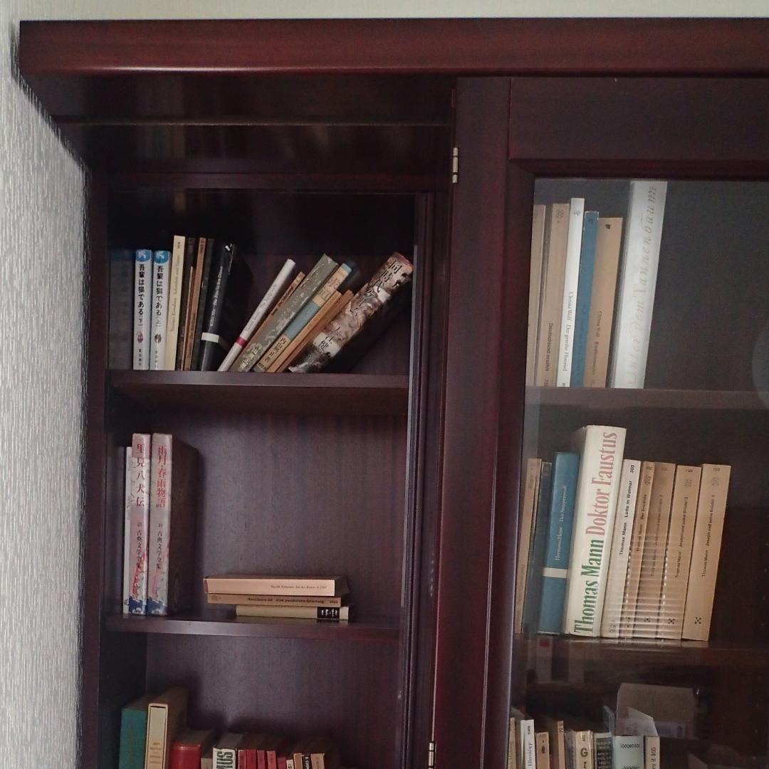 スライド式本棚　収納力にすぐれ、ガラス扉付き