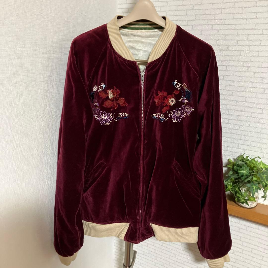 スカジャン　リバーシブル　別珍　レーヨン　プリント　刺繍　和柄　鯨　孔雀　燕