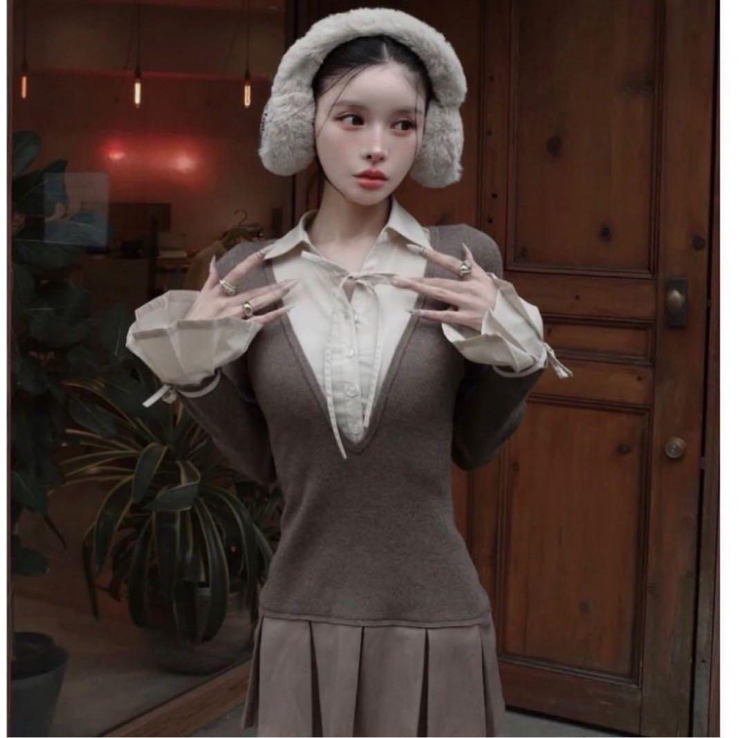 ダーリッチ シャツドッキングプリーツミニワンピース モカ