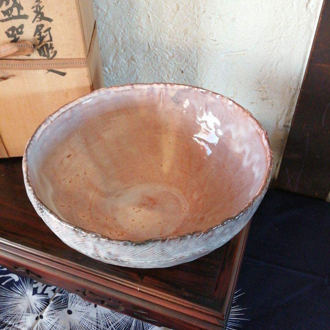 其中窯　河村又次郎　窯変釘彫文盛器　26.5cm