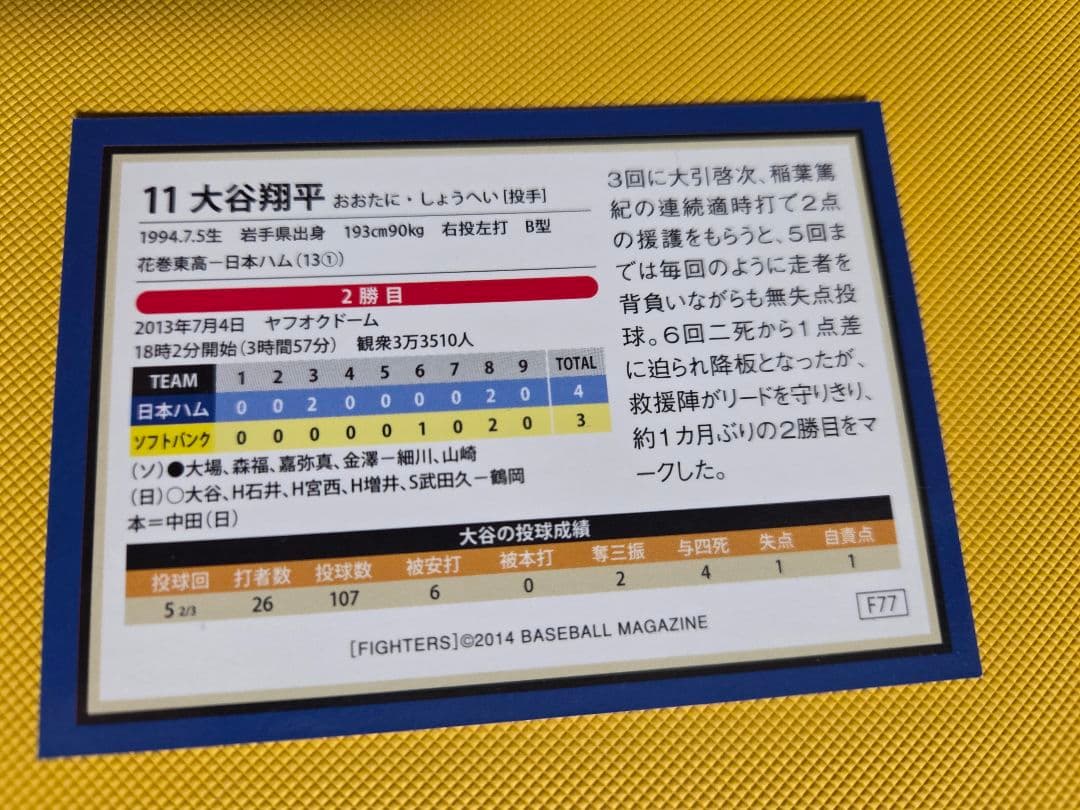 BBM2014 日本ハム 大谷翔平 1st~3WIN 1st~3HR 6枚セット