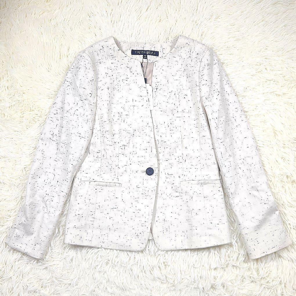 【未使用】　インディヴィ　ノーカラー　スーツセットアップ　ウール・コットン混　L
