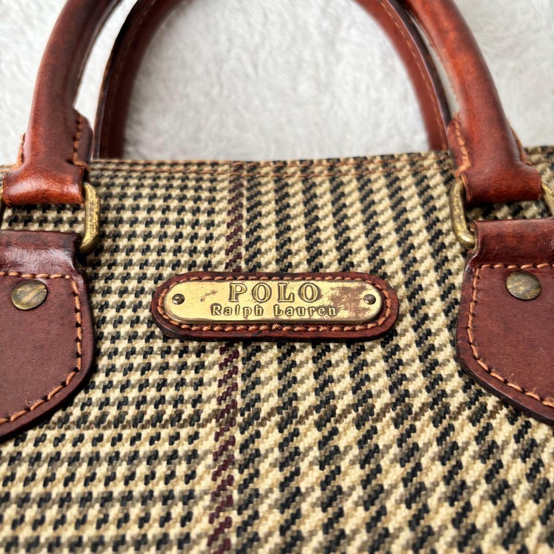 ポロラルフローレン 千鳥格子柄 ミニボストンバッグ PVCレザー ブラウン 茶