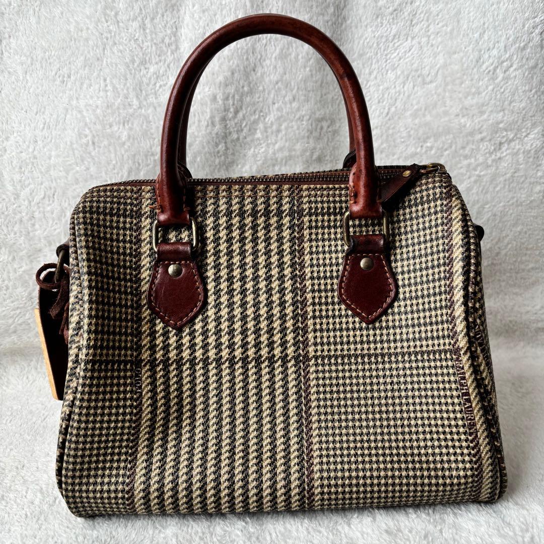 ポロラルフローレン 千鳥格子柄 ミニボストンバッグ PVCレザー ブラウン 茶