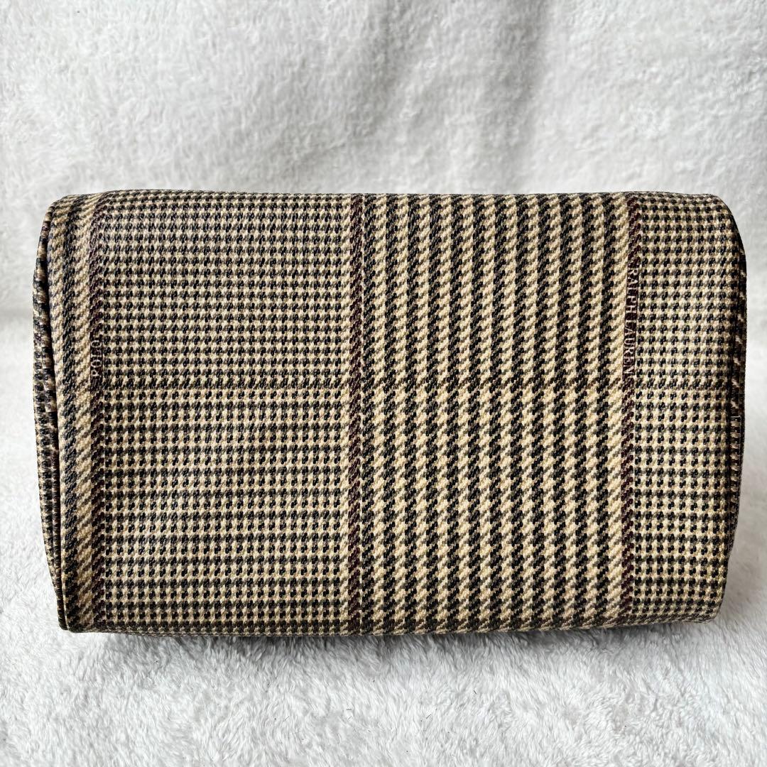 ポロラルフローレン 千鳥格子柄 ミニボストンバッグ PVCレザー ブラウン 茶