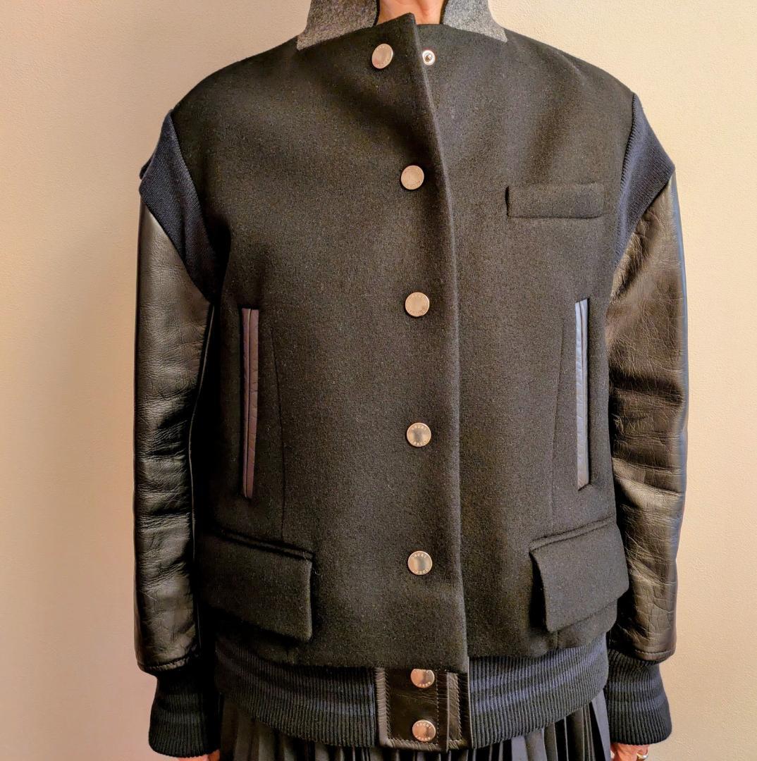 sacai サカイ　スタジアムジャンパー　袖レザー　黒＋ネイビー