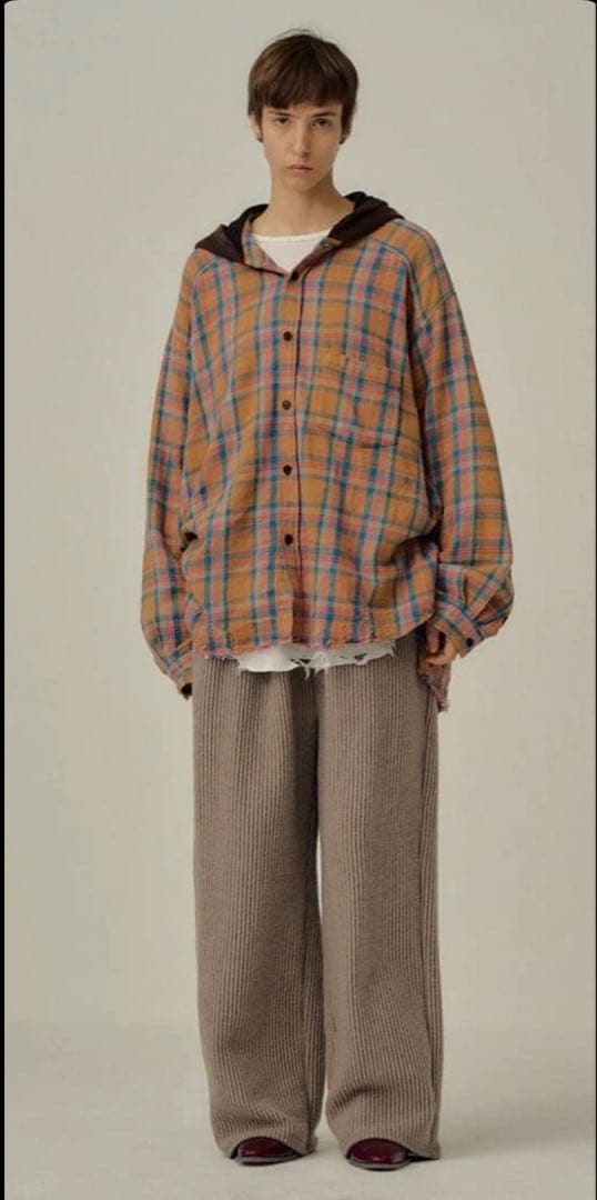 ANCELLM NEL CHECK HOODIE SHIRT CAMELサイズ1