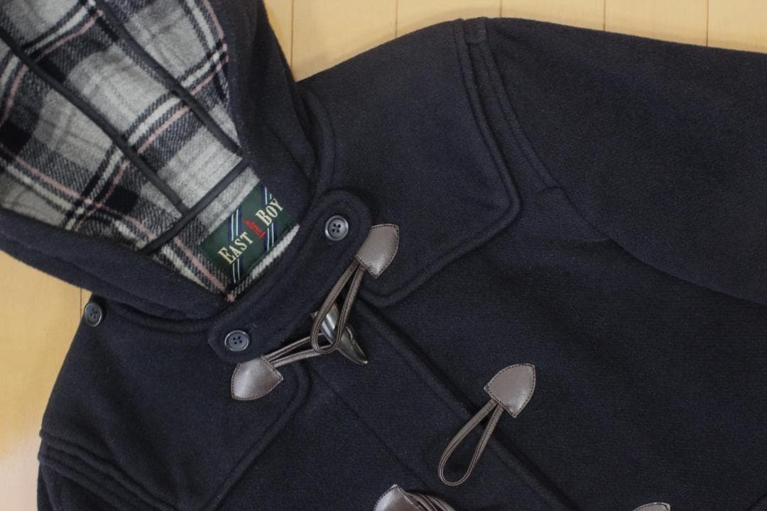 51【美品】イーストボーイ ダッフルコート 11 ネイビー 紺 L 裏チェック柄