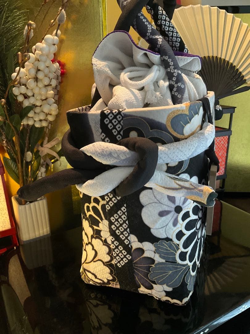 一閑張り　一閑張りバッグ　古文書　和紙　花絵柄　大正　着物　梅　京友禅　牡丹　菊