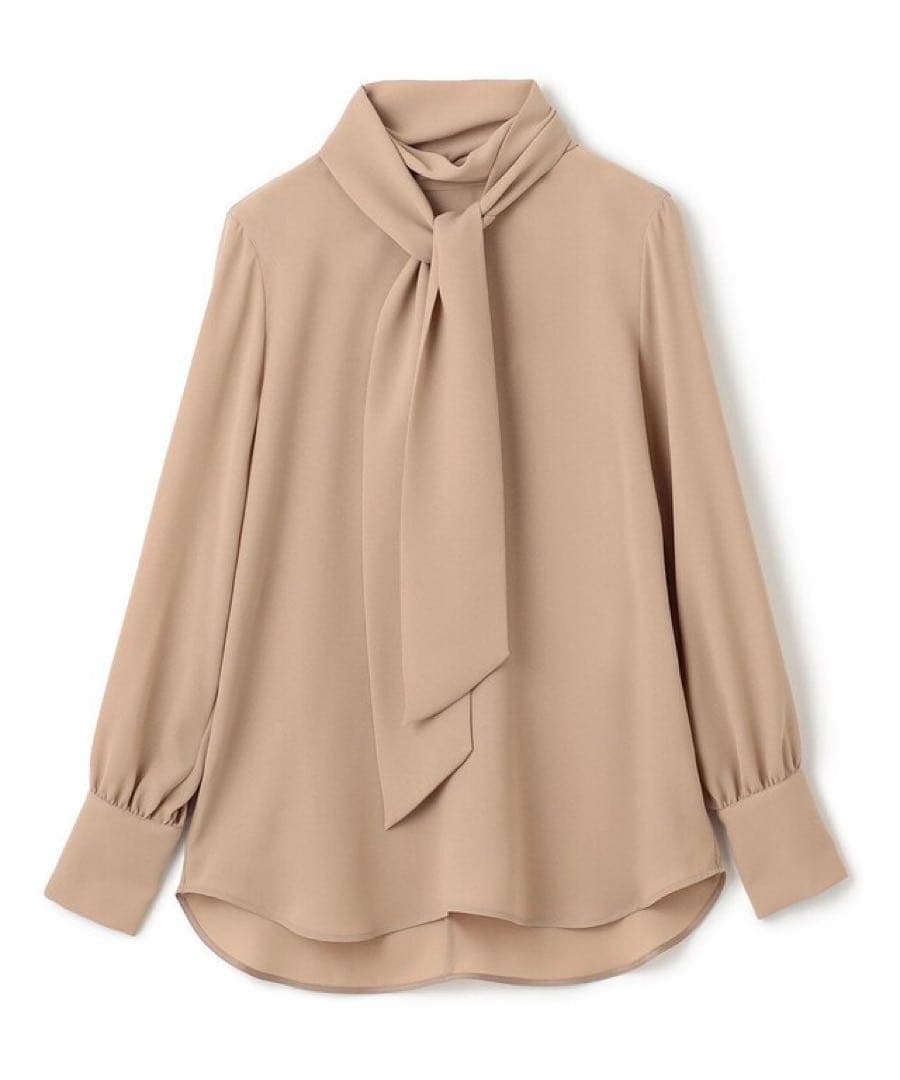 【ベイジ】ボウタイ　リボン　ハイネック　ブラウス　とろみ　ベージュ　金ボタン