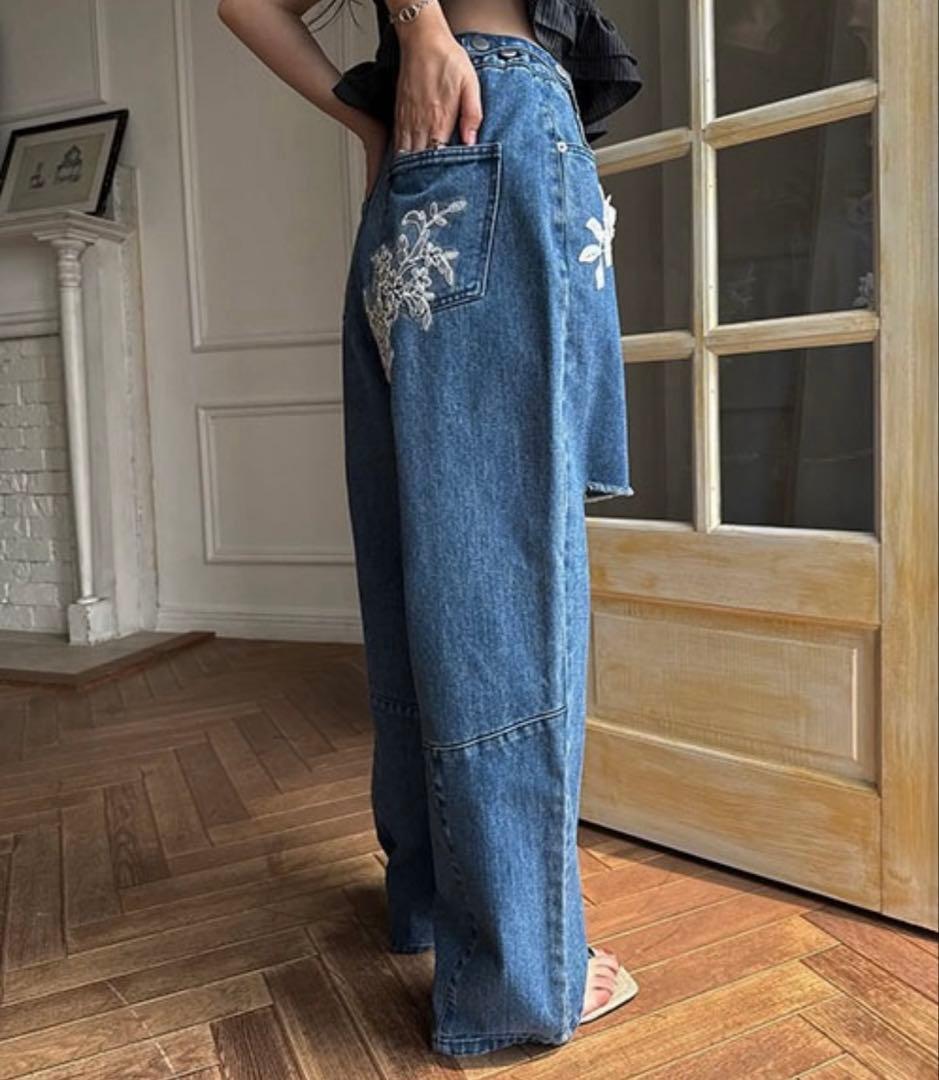 現行品✨️willfully レース 刺繍 ダメージ加工 ストレート デニム M