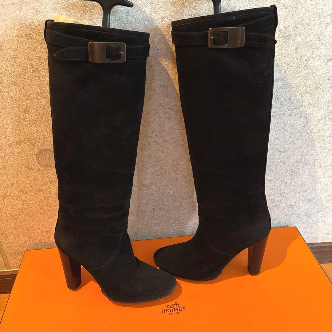 SALE 箱 袋 リボン付【美品】✨エルメス　ロング　ブーツ　スエード✨ブラック
